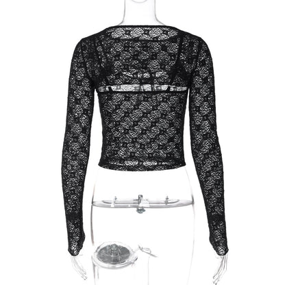 Black Mesh Lace Long Sleeve Shirt