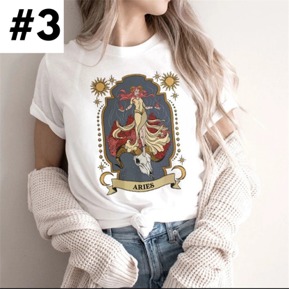 Cute Retro Tarot Card Cresent Moon Sun Print Loose Short Sleeve Shirt Aesthetic Casual E-Girl Kawaii Korean Japanese Harajuku