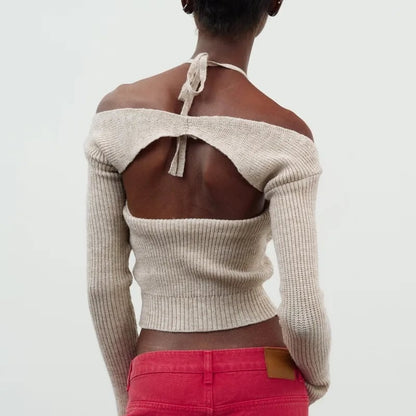 Pink Halter Backless Crochet Crop Top + Long Sleeve Shrug