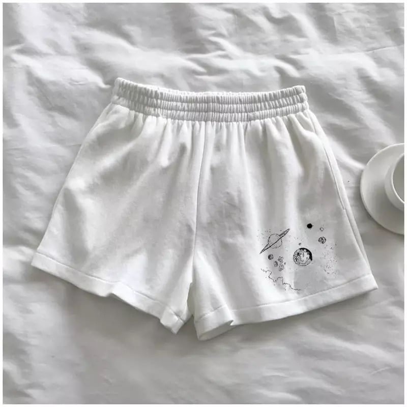Cute Black White Sky Star Moon Planet Embroidery Casual Sport Shorts Cycling Running Gym High Waist E-Girl Kawaii Korean Japanese Harajuku Streetwear