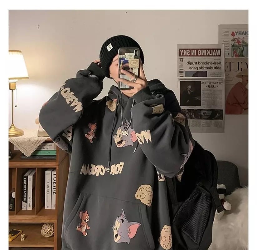 Cute Funny Cat Mouse Print Cartoon Oversized Loose Hoodie Sweatshirt Pullover Sweater Casual E-Girl Kawaii Korean Japanese Harajuku Streetwear