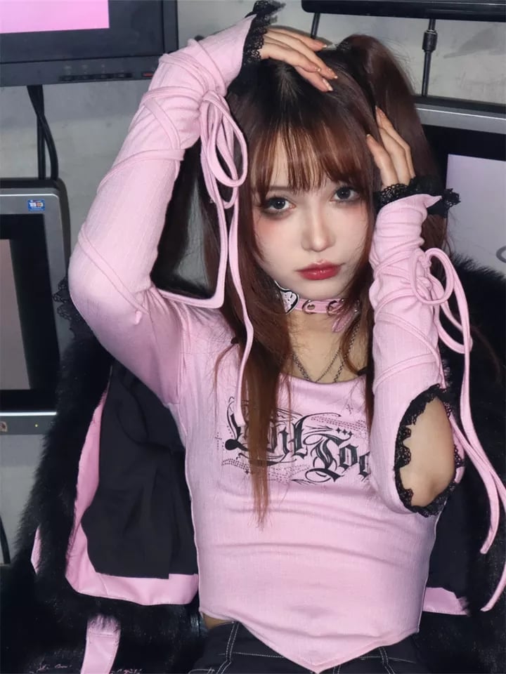Pink Goth Bandage Hollow Out Long Sleeve T-shirt