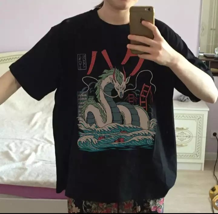 Cute Black Dragon Anime Cartoon Print Oversize Loose Short Sleeve T-shirt Aesthetic Casual Summer E-Girl Kawaii Korean Japanese Harajuku Street