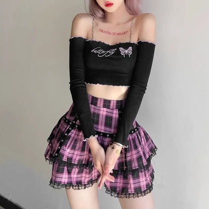 Pink Plaid Pleated Lace Mini Skirt