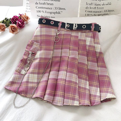 Cute Vintage Plaid Belt Chain High Waisted Mini Skirt School Uniform Tennis A-line Goth Punk Club E-Girl Kawaii Korean Japanese Harajuku Streetwear