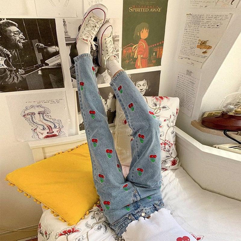 Cute Sweet Vintage Cherry Embroidery Light Washed Blue Denim Jeans High Waisted Cargo Slim Bottom E-Girl Kawaii Korean Japanese Harajuku Streetwear