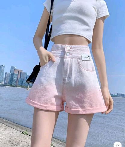 Pink Ombre High Waist Button Shorts