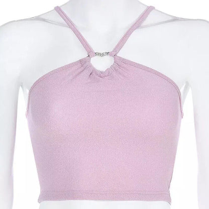Heart Pink Sequin Halter Neck Crop Top Sleeveless Shirt Camisole Summer Aesthetic Casual E-Girl Kawaii Korean Japanese Harajuku