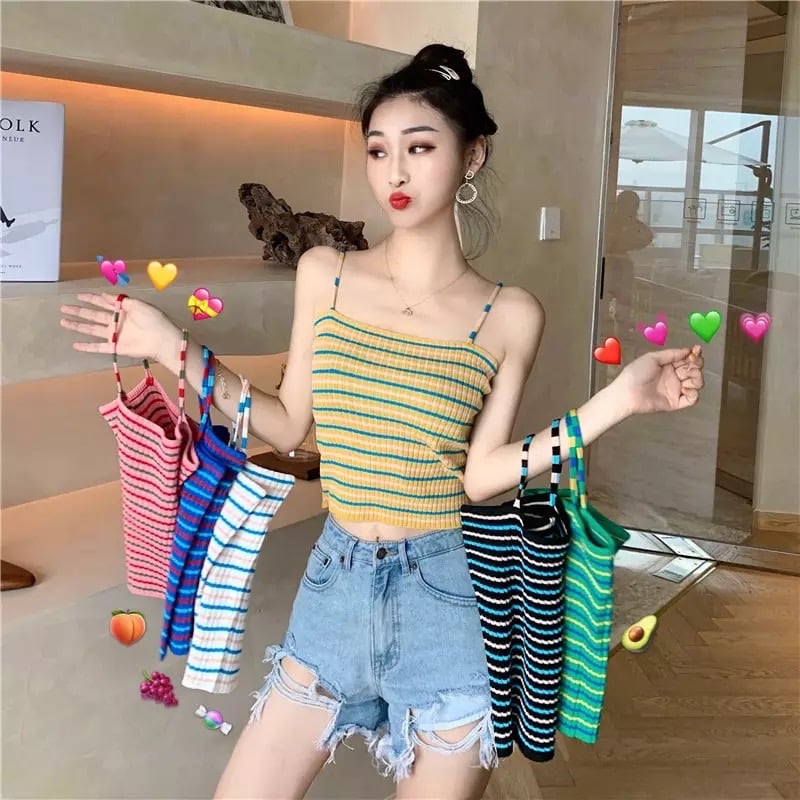 Cute Stripe Knit Cropped Tank Top Spaghetti Strap Camisole Sleeveless Shirt T-shirt Top E-Girl Kawaii Korean Japanese Harajuku Streetwear