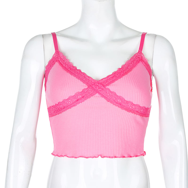 Cute Sexy Lace Patchwork Camisole Spaghetti Strap Crop Top Shirt Tee T-shirt E-Girl Kawaii Korean Japanese Harajuku Chinese Retro Streetwear Aesthetic