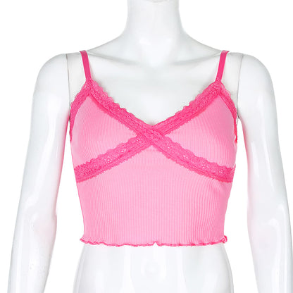 Cute Sexy Lace Patchwork Camisole Spaghetti Strap Crop Top Shirt Tee T-shirt E-Girl Kawaii Korean Japanese Harajuku Chinese Retro Streetwear Aesthetic