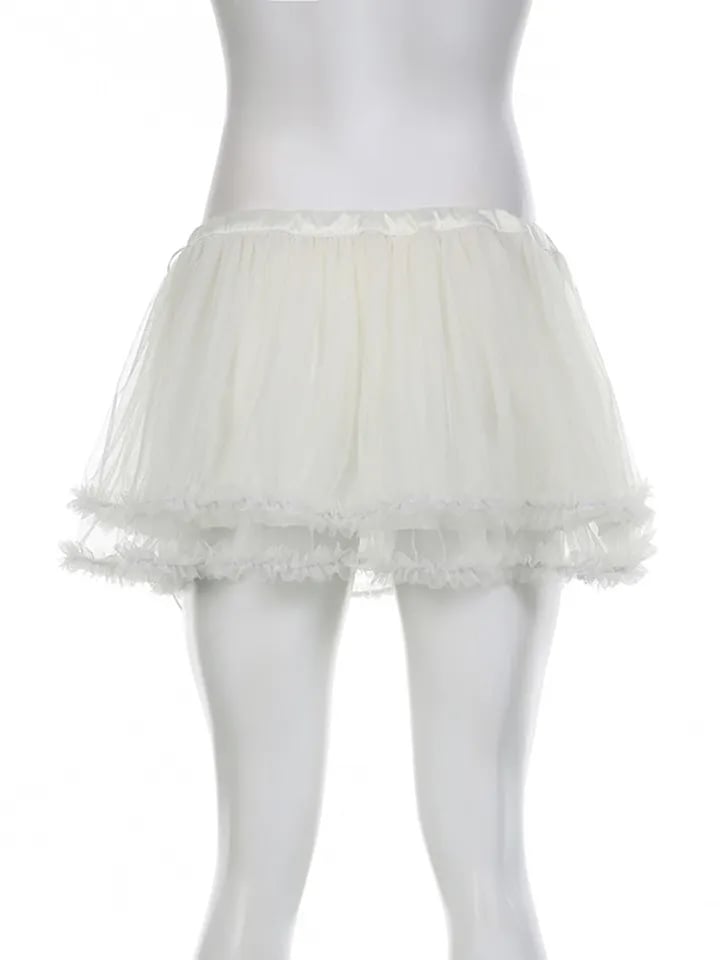 White Mesh Ruffle Mini Skirt