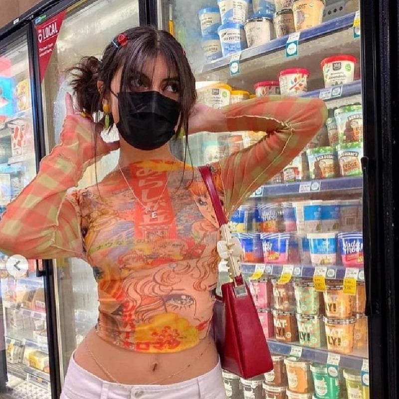 Cute Vintage Sheer Mesh 90s Long Sleeve Shirt Crop Top Summer Aesthetic Casual Streetwear E-Girl Kawaii Korean Japanese Harajuku
