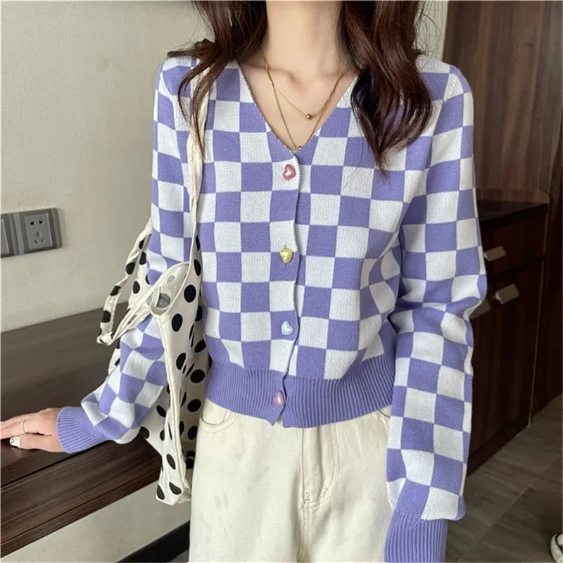 Purple Color Block Heart Button V Neck Sweater