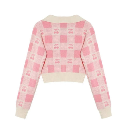 Cherry Plaid Polo Collar Sweater