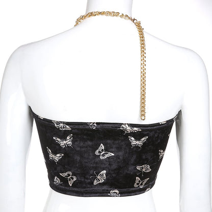 Cute Sexy Butterfly Chain Velvet Halter Tank Cami Crop Top Shirt Tee T-shirt E-Girl Kawaii Korean Japanese Harajuku Chinese Retro Streetwear Aesthetic