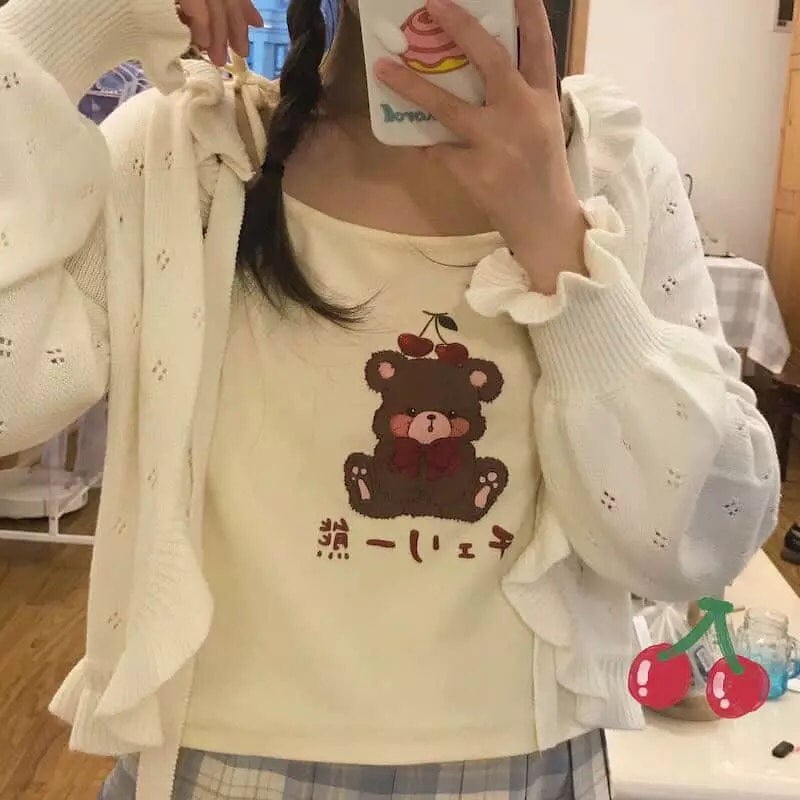 Cute Brown Bear Cherry Graphic Cartoon Print Camisole Spaghetti Strap Shirt Aesthetic Casual Summer E-Girl Kawaii Korean Japanese Harajuku