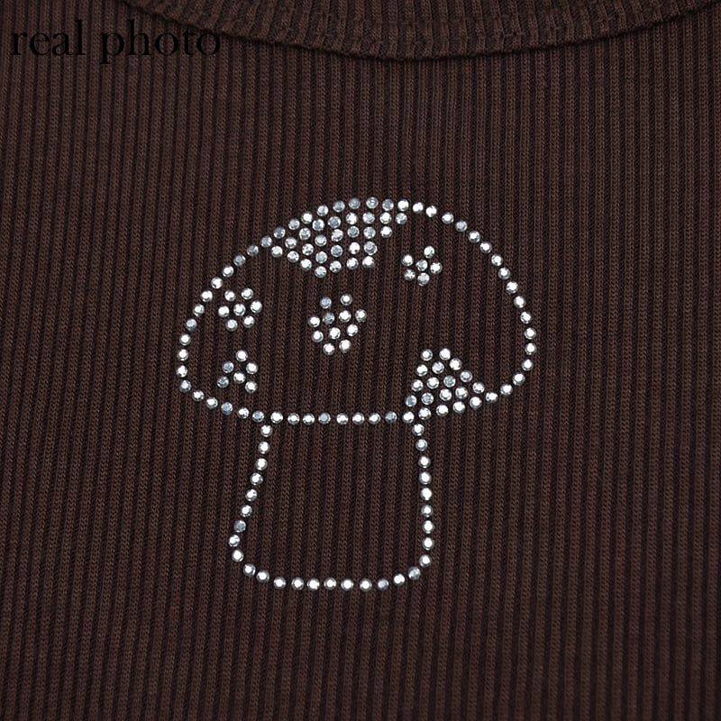 Cute 90s Vintage Brown Mushroom Diamond Aesthetics Crop Top Tank Sleeveless Shirt Summer Casual E-Girl Kawaii Korean Japanese Harajuku Streetwear