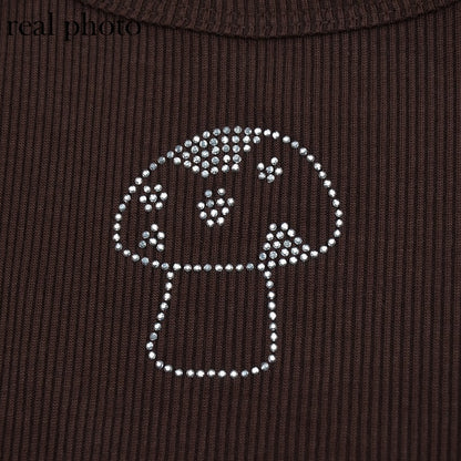Cute 90s Vintage Brown Mushroom Diamond Aesthetics Crop Top Tank Sleeveless Shirt Summer Casual E-Girl Kawaii Korean Japanese Harajuku Streetwear
