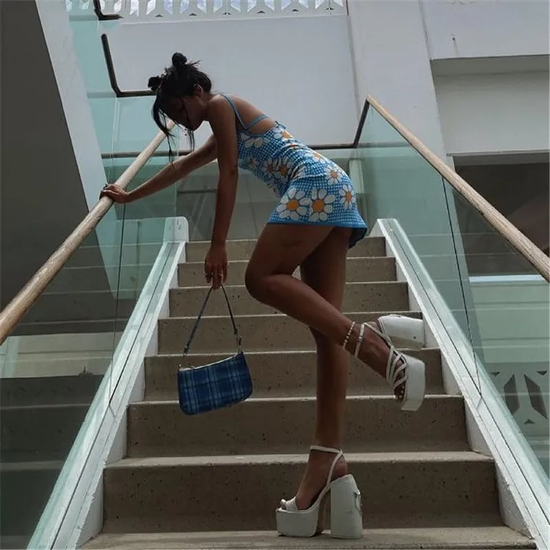 Blue Flower Lace Up Mini Dress
