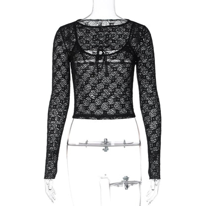 Black Mesh Lace Long Sleeve Shirt