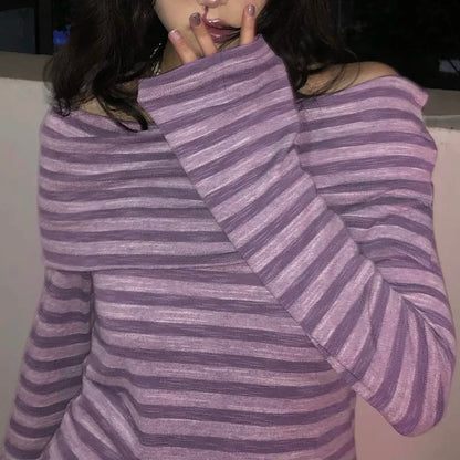 Purple Stripe Slash Neck Long Sleeve Shirt