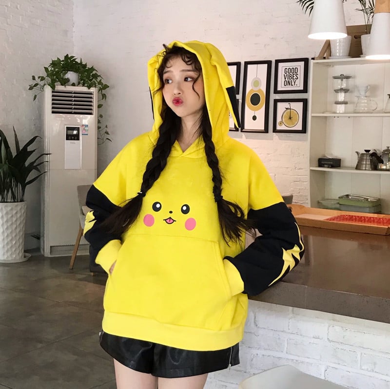 Cute Yellow Pikachu Anime Cartoon Long Ears Oversized Casual Hoodie Sweater Sweatshirt Pullover E-Girl Kawaii Korean Japanese Harajuku Streetwear