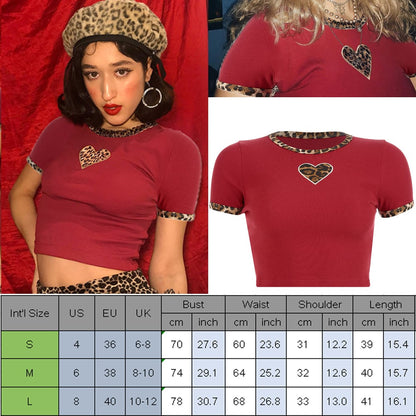 Cute Sexy Leopard Animal Print Heart Crop Top Short Sleeve Shirt Tee T-shirt E-Girl Kawaii Korean Japanese Harajuku Chinese Retro Streetwear Aesthetic