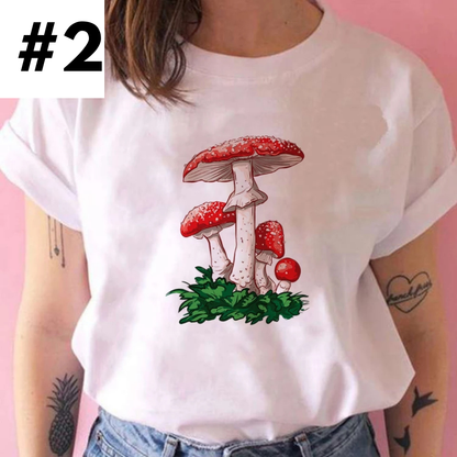 Cute Frog Mushroom Plant Cartoon Print Loose Oversize Short Sleeve T-shirt Punk Aesthetic Casual Summer E-Girl Kawaii Korean Japanese Harajuku