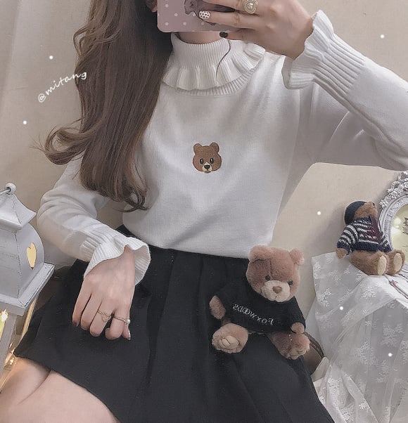 Cute Bear Embroidery Turtleneck Vintage Sweater High Neck Ruffle Pullover Long Sleeve Knit E-Girl Kawaii Korean Japanese Harajuku Streetwear