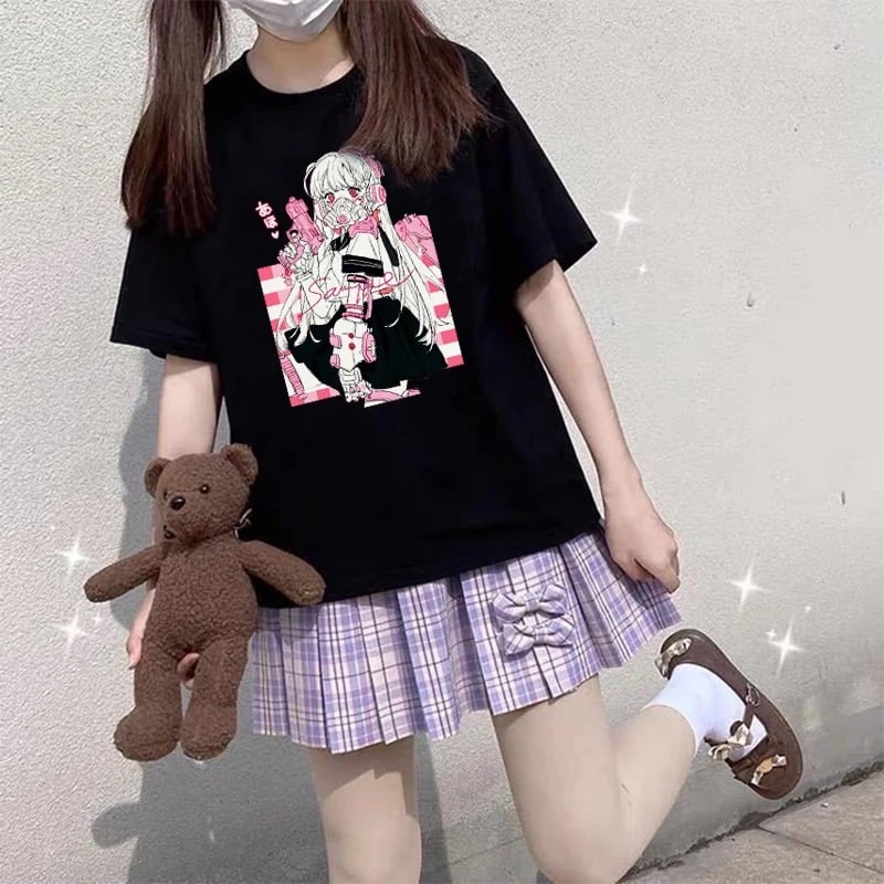 Cute Pink Black Sweet Vintage Anime Girl Cartoon Loose Short Sleeve Shirt Tee T-shirt Summer Casual E-Girl Kawaii Korean Japanese Harajuku Streetwear