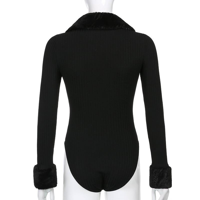 Black Faux Fur V Neck Bodycon Sweater