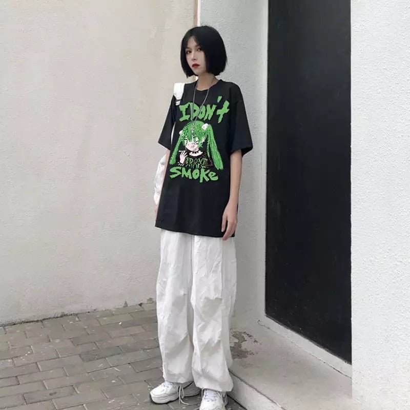 Anime Girl Smoke Cartoon Print Loose Oversized Short Sleeve T-shirt Top Summer Causal Goth Punk E-Girl Kawaii Korean Japanese Harajuku Streetwear