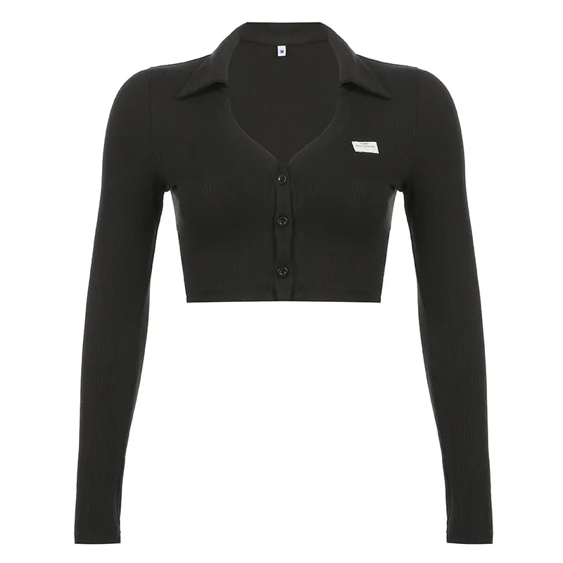 Black Knit V Neck Long Sleeve Crop Top