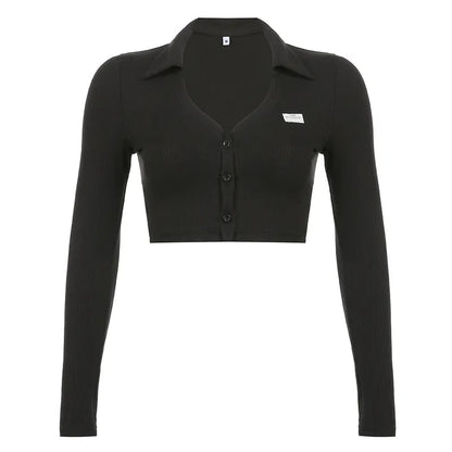 Black Knit V Neck Long Sleeve Crop Top