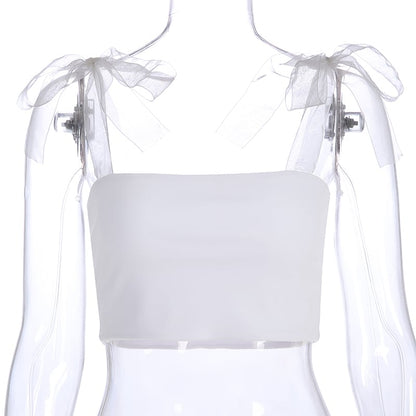 Cute White Patchwork Mesh Transparent Straps Tie Up Tank Top Crop Shirt Tee T-shirt E-Girl Kawaii Korean Japanese Harajuku Retro Streetwear Aesthetic