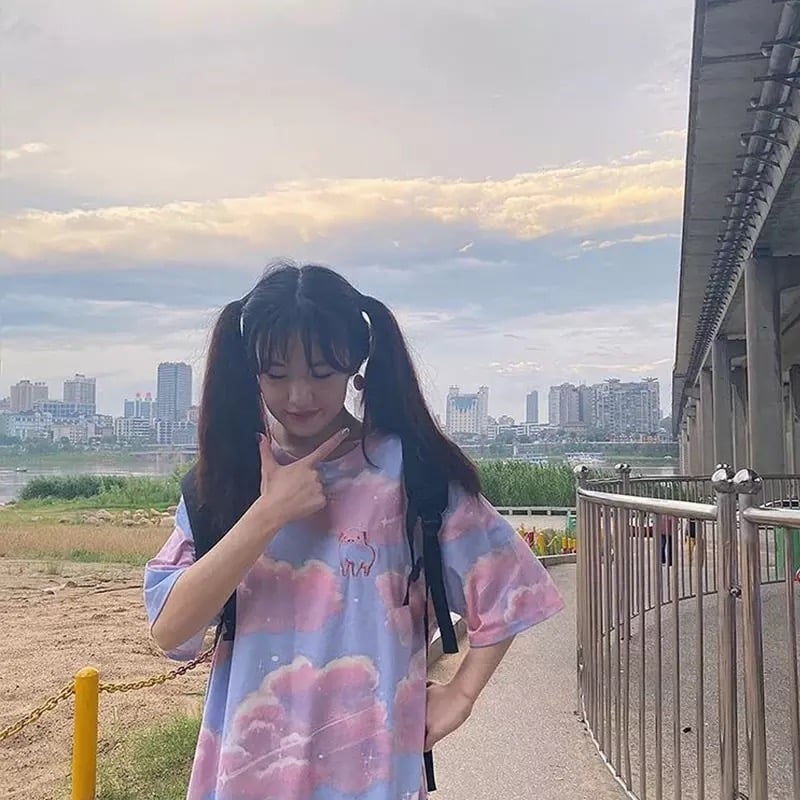 Cute Pastel Aesthetics Clouds Pig Embroidery Vintage Short Sleeve Shirt Oversized Loose T-shirt Top E-Girl Kawaii Korean Japanese Harajuku Streetwear