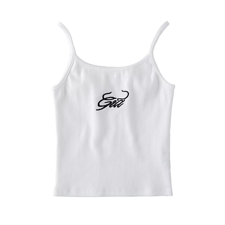 Cute Sexy Solid Letter Embroidery Ribbed Crop Top Tank Sleeveless Shirt Vest Aesthetic Casual Summer E-Girl Kawaii Korean Japanese Haraju