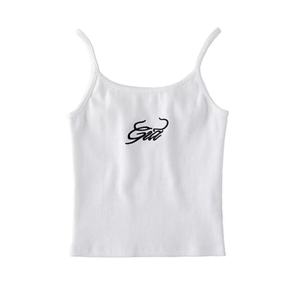 Cute Sexy Solid Letter Embroidery Ribbed Crop Top Tank Sleeveless Shirt Vest Aesthetic Casual Summer E-Girl Kawaii Korean Japanese Haraju