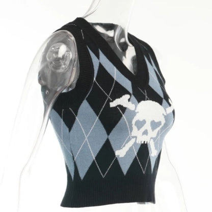 Cute Sexy V Neck Skull Print Knit Vest Sleeveless Crop Top Punk Goth Aesthetic Casual Summer E-Girl Kawaii Korean Japanese Harajuku