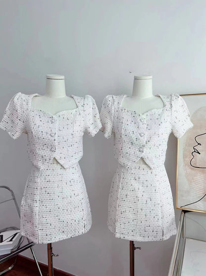 2PCS White Tweed Puff Sleeve Blouse + Skirt