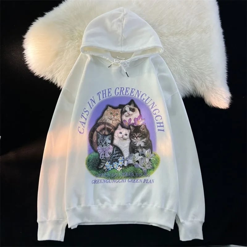 Purple Flower Kitten Print Oversized Hoodie