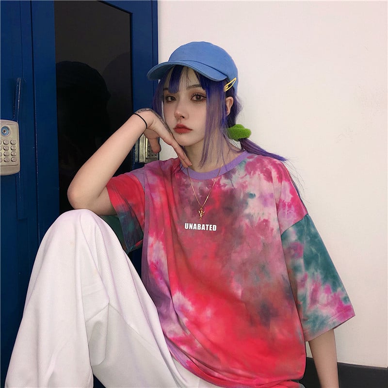 Cute Tie Dyed Hip Hop Casual Punk Goth Loose Oversized Short Sleeve Shirt Tee T-shirt E-Girl Kawaii Korean Japanese Harajuku Chinese Retro Streetwear