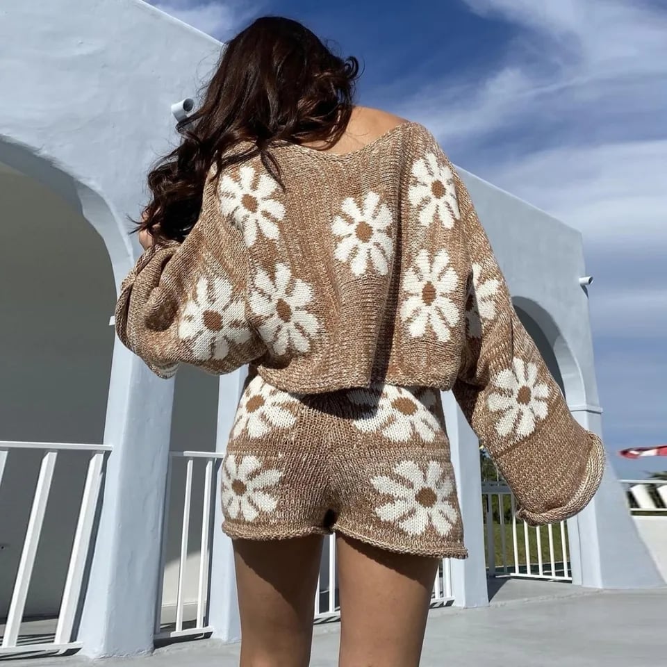 Floral Knit Long Sleeve Pullover + Shorts