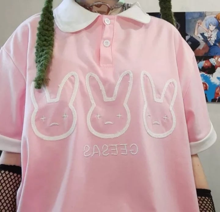 Cute Pastel Bunny Rabbit Embroidery Polo Short Sleeve T- Shirt Top Aesthetic Casual Summer E-Girl Kawaii Korean Japanese Harajuku