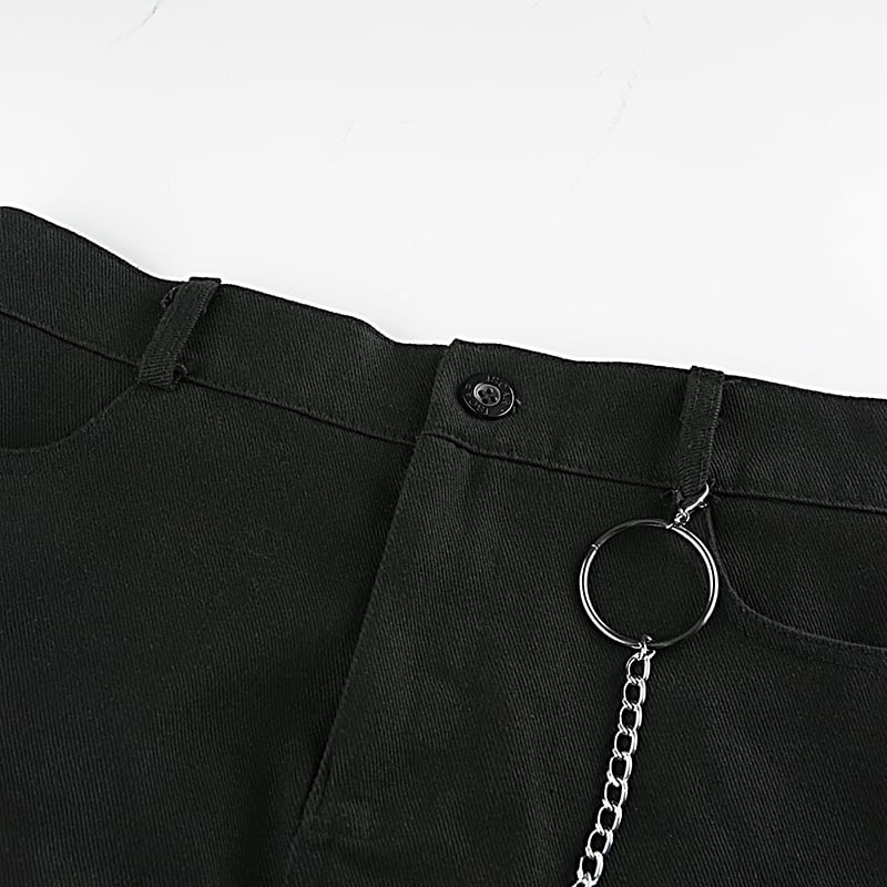 Sexy Black Goth Punk Demin Metal Chain Patchwork High Waisted Mini Skirt Zipper Split A-line E-Girl Kawaii Korean Japanese Harajuku Retro Streetwear