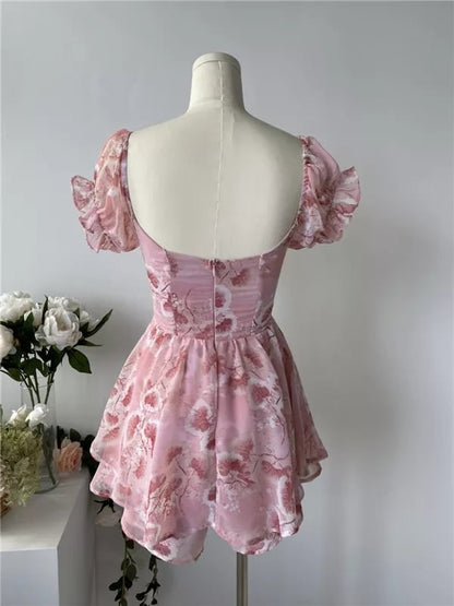 Cute Sweet Floral Print Jumpsuit Chiffon Ruffled Squared Collar Dress Summer Aesthetic Casual E-Girl Kawaii Korean Japanese Harajuku