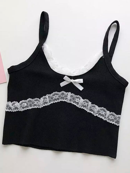 Patchwork Lace Bow Knit Camisole Crop Top