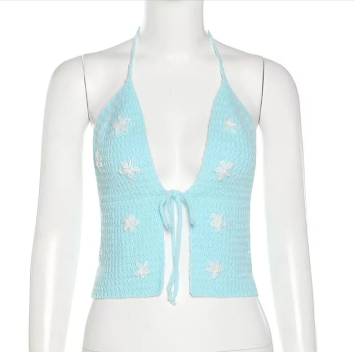 Cute Sexy Blue Crochet Knit Floral Backless Crop Top Tank Camisole Halter Beach Party Summer Aesthetic Casual E-Girl Kawaii Korean Japanese Harajuku