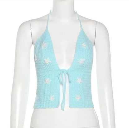 Cute Sexy Blue Crochet Knit Floral Backless Crop Top Tank Camisole Halter Beach Party Summer Aesthetic Casual E-Girl Kawaii Korean Japanese Harajuku